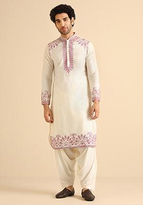 Off White Embroidered Cotton Blend Kurta Set