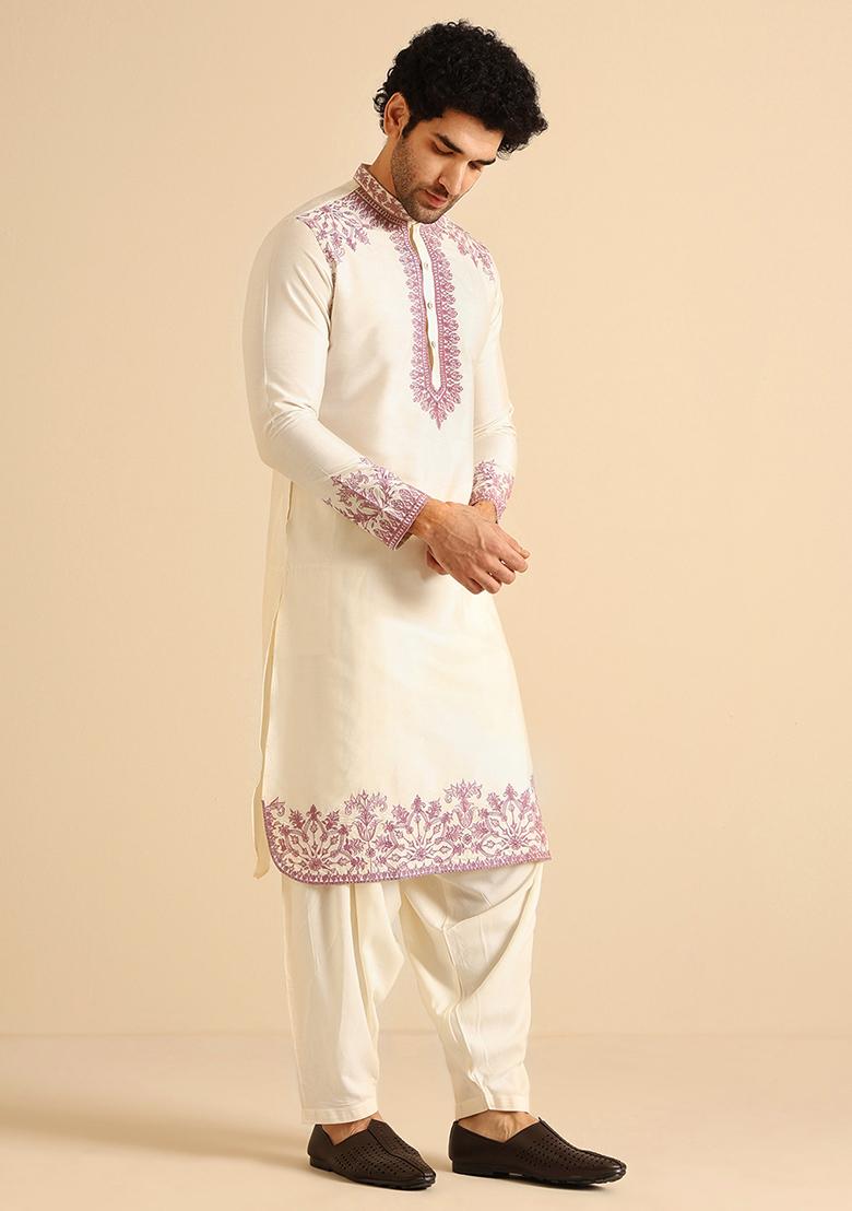 Off White Embroidered Cotton Blend Kurta Set - Indya