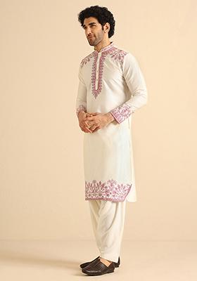 Off White Thread Embroidered Cotton Blend Kurta