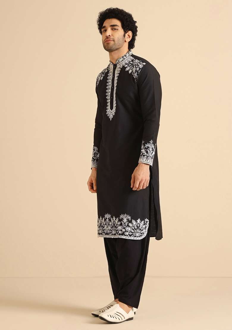 Black Embroidered Cotton Blend Kurta Set - Indya