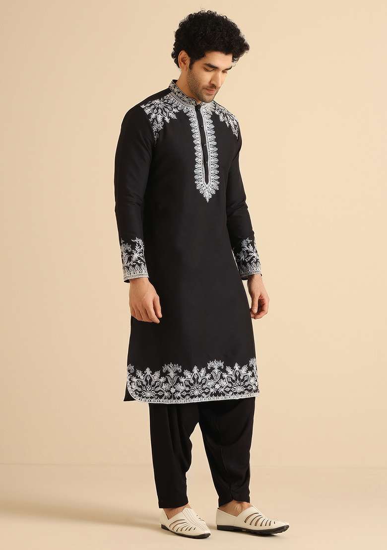 Black Embroidered Cotton Blend Kurta Set - Indya