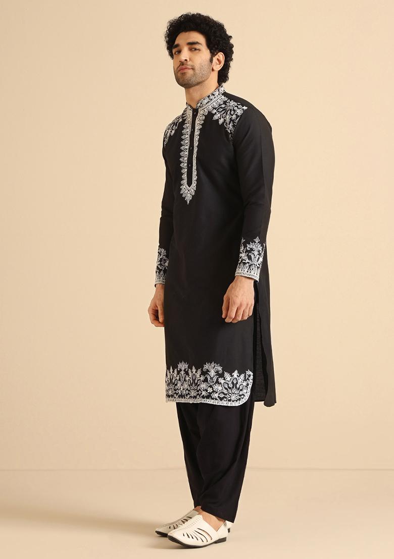 Black Thread Embroidered Cotton Blend Kurta
