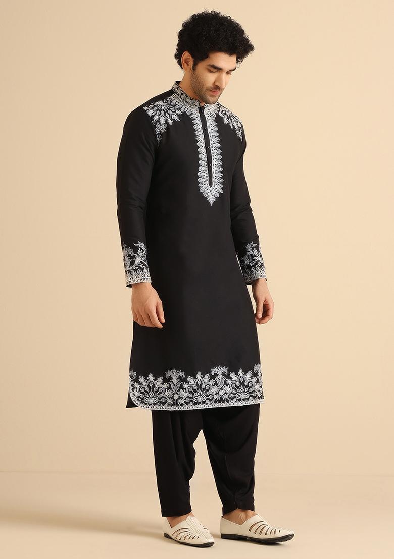 Black Thread Embroidered Cotton Blend Kurta - Indya