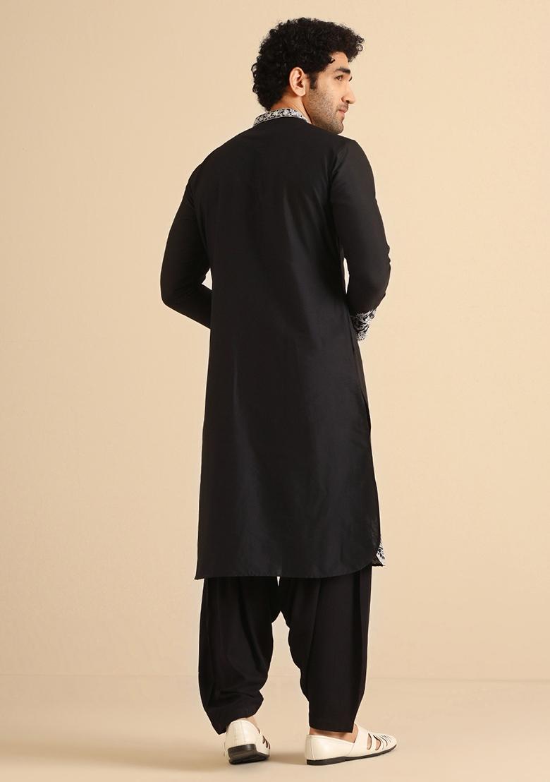 Black Thread Embroidered Cotton Blend Kurta