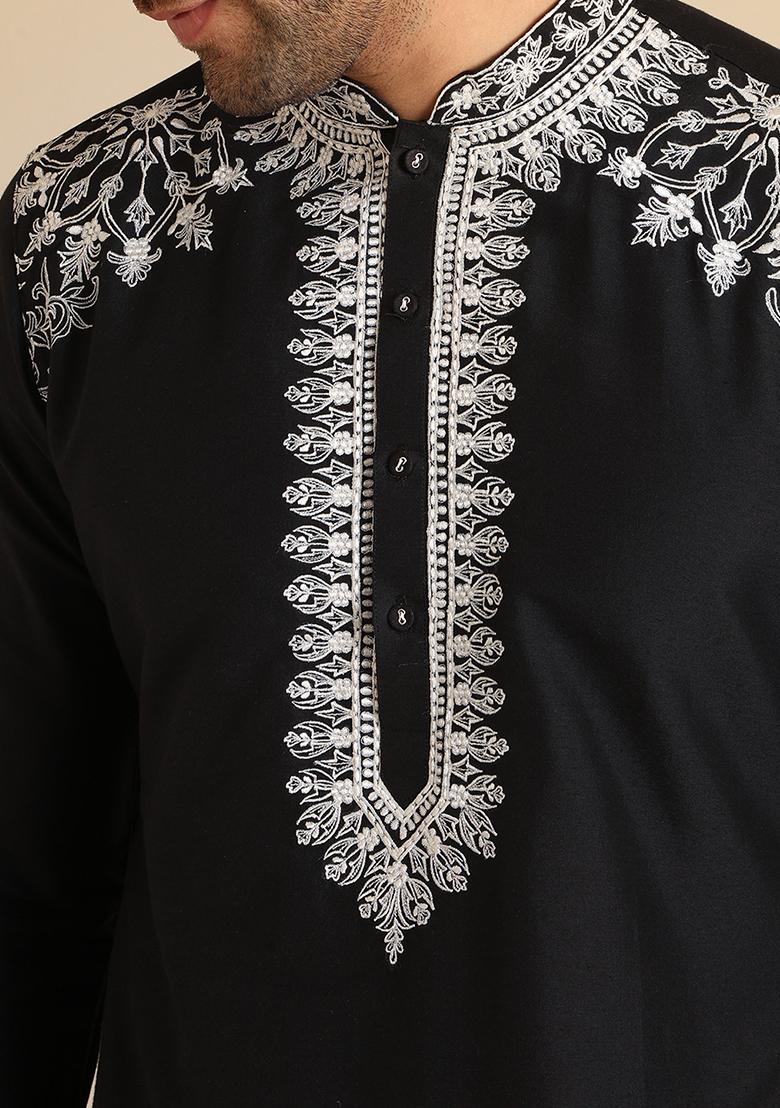 Black Thread Embroidered Cotton Blend Kurta - Indya