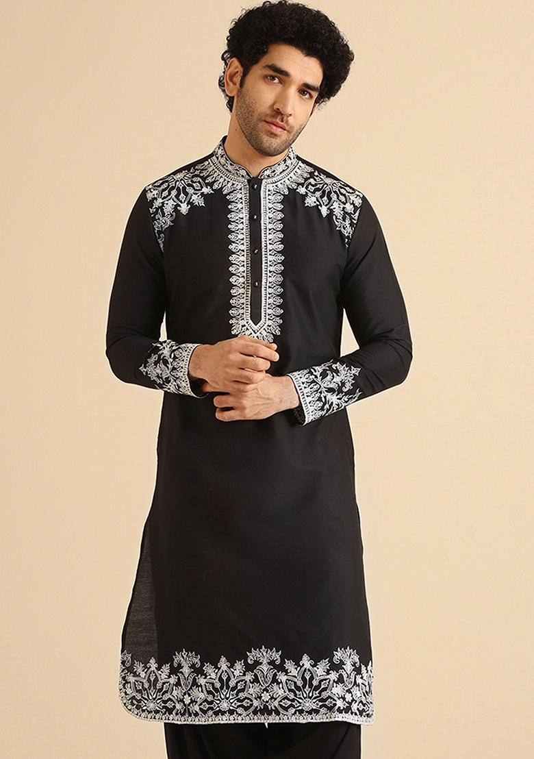 Black Thread Embroidered Cotton Blend Kurta