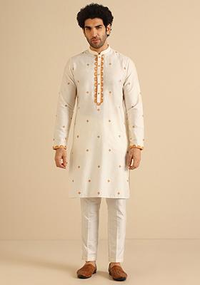 Off White Embroidered Cotton Blend Kurta Set