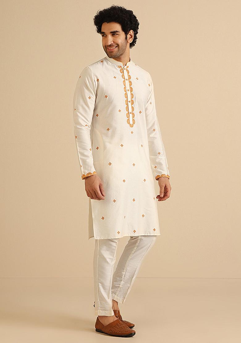 Off White Embroidered Cotton Blend Kurta Set - Indya