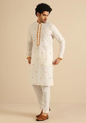 Off White Embroidered Cotton Blend Kurta