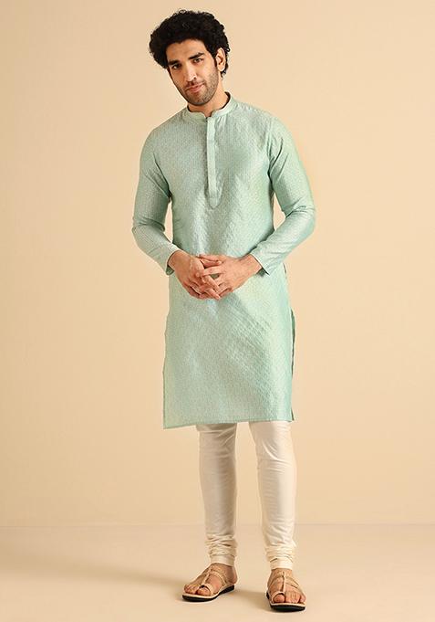 Aqua Green Woven Design Jacquard Kurta Set