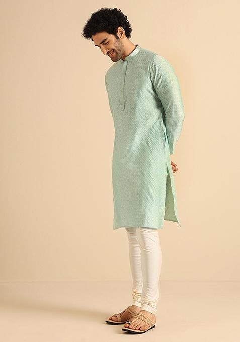Aqua Green Woven Design Jacquard Kurta