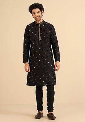 Black Embroidered Cotton Blend Kurta Set