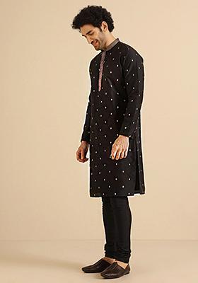 Black Embroidered Cotton Blend Kurta