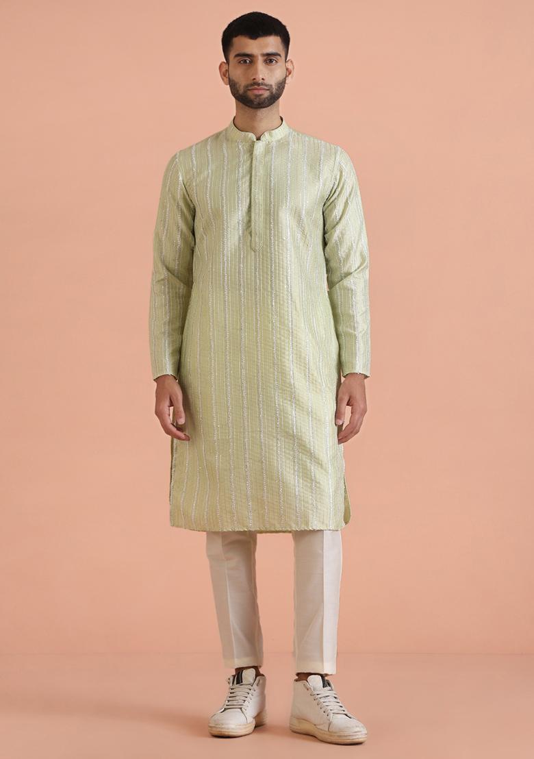 Green Embroidered Cotton Blend Kurta Set