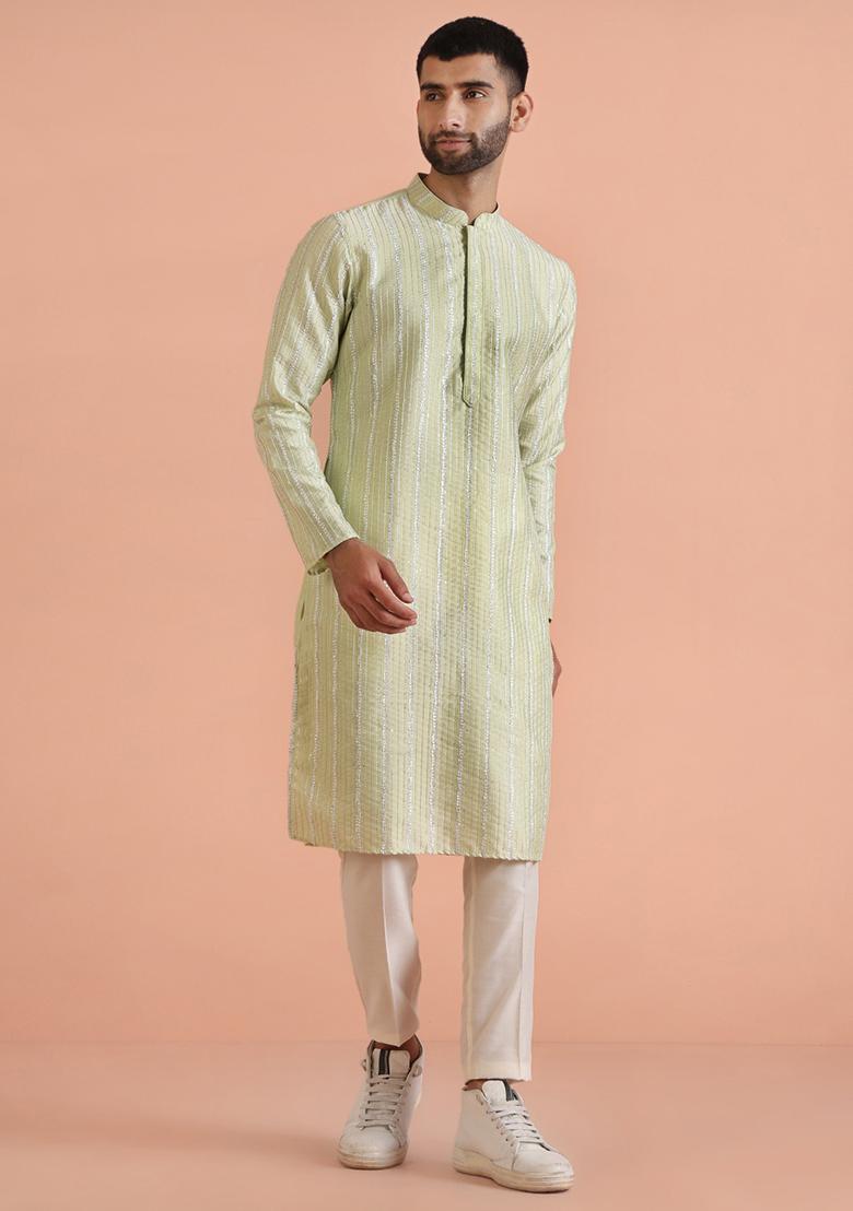 Green Embroidered Cotton Blend Kurta Set
