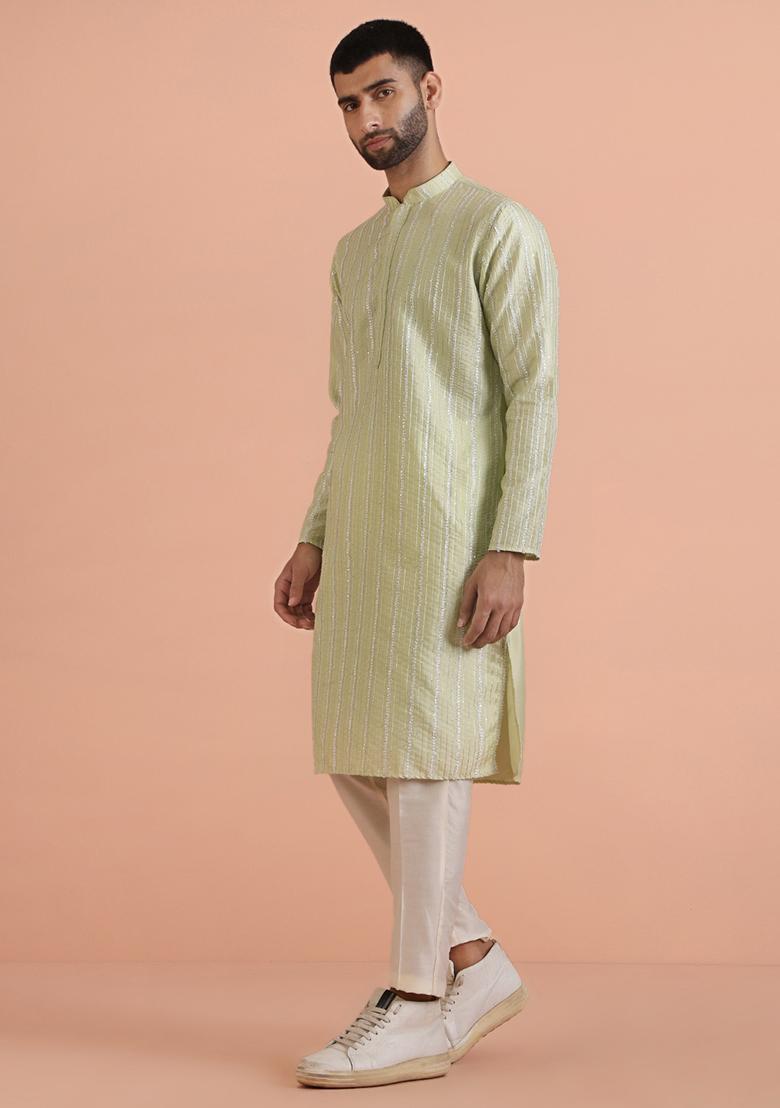 Green Embroidered Cotton Blend Kurta Set