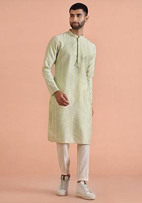 Green Embroidered Cotton Blend Kurta