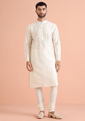 Off White Cutdana Cotton Blend Kurta Set