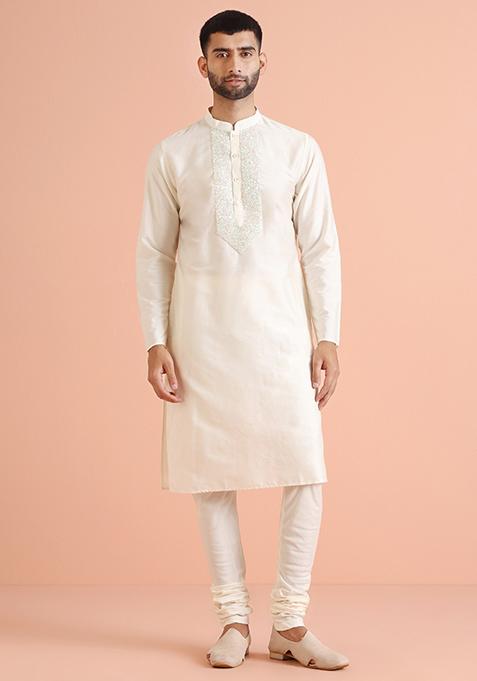 Off White Cutdana Cotton Blend Kurta Set
