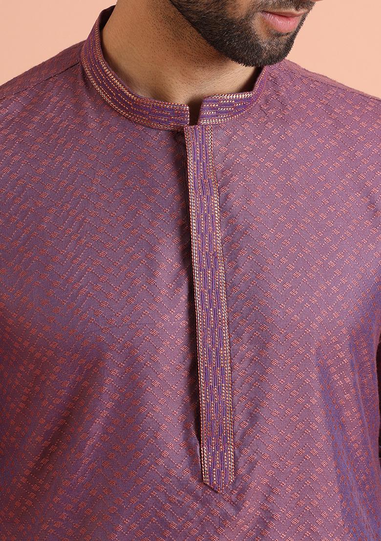 Mauve Jacquard Silk Blend Kurta - Indya