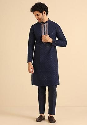 Navy Blue Embellished Cotton Blend Kurta Set