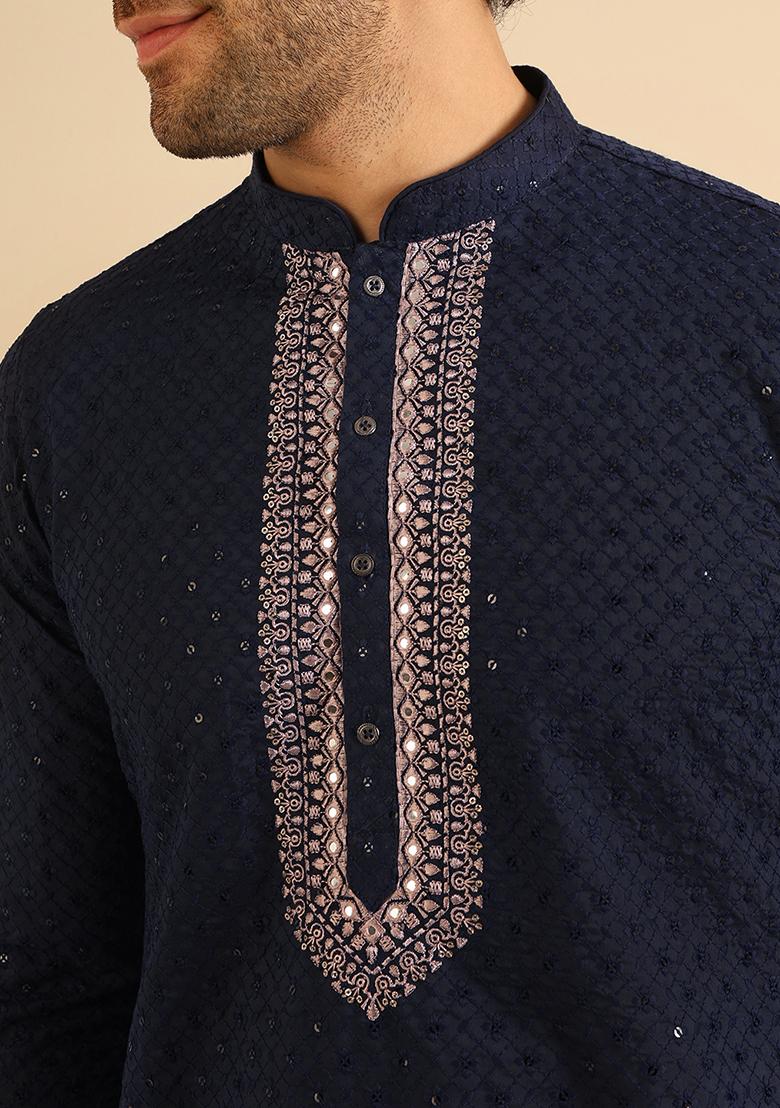 Navy Blue Embellished Cotton Blend Kurta Set - Indya