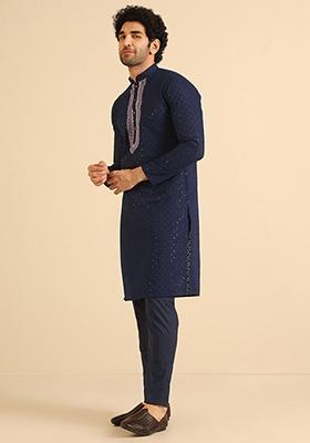 Navy Blue Embellished Cotton Blend Kurta