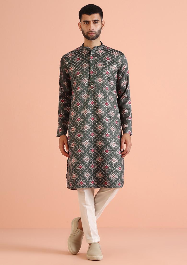 Bottle green Embroidered Silk Blend Kurta Set