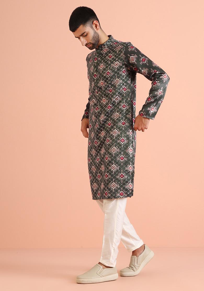 Bottle green Embroidered Silk Blend Kurta Set