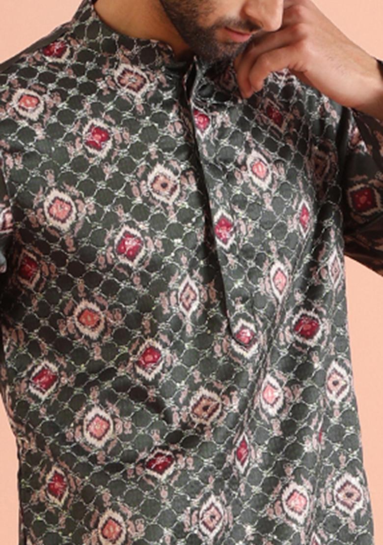 Bottle green Embroidered Silk Blend Kurta Set