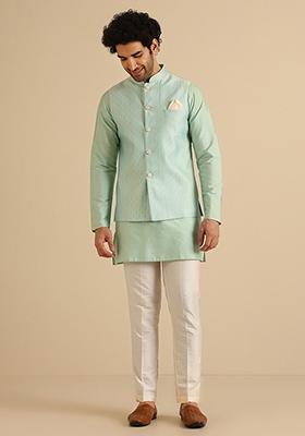 Aqua Green Textured Silk Blend Jacquard Mid Kurta Jacket Set
