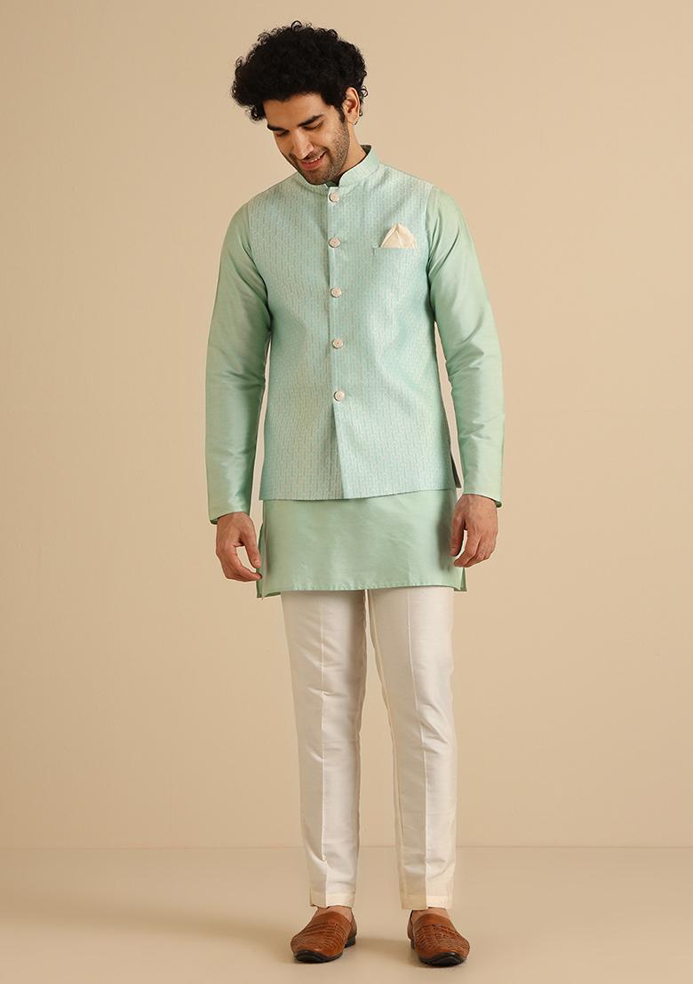 Aqua Green Textured Silk Blend Jacquard Mid Kurta Jacket Set