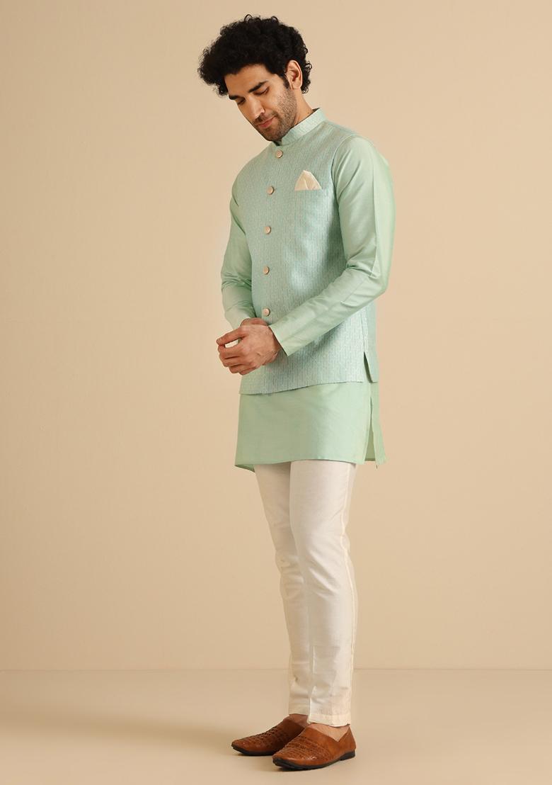 Aqua Green Textured Silk Blend Jacquard Mid Kurta Jacket Set