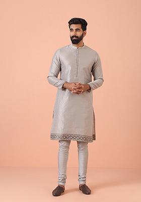 Grey Self Design Silk Blend Kurta Set