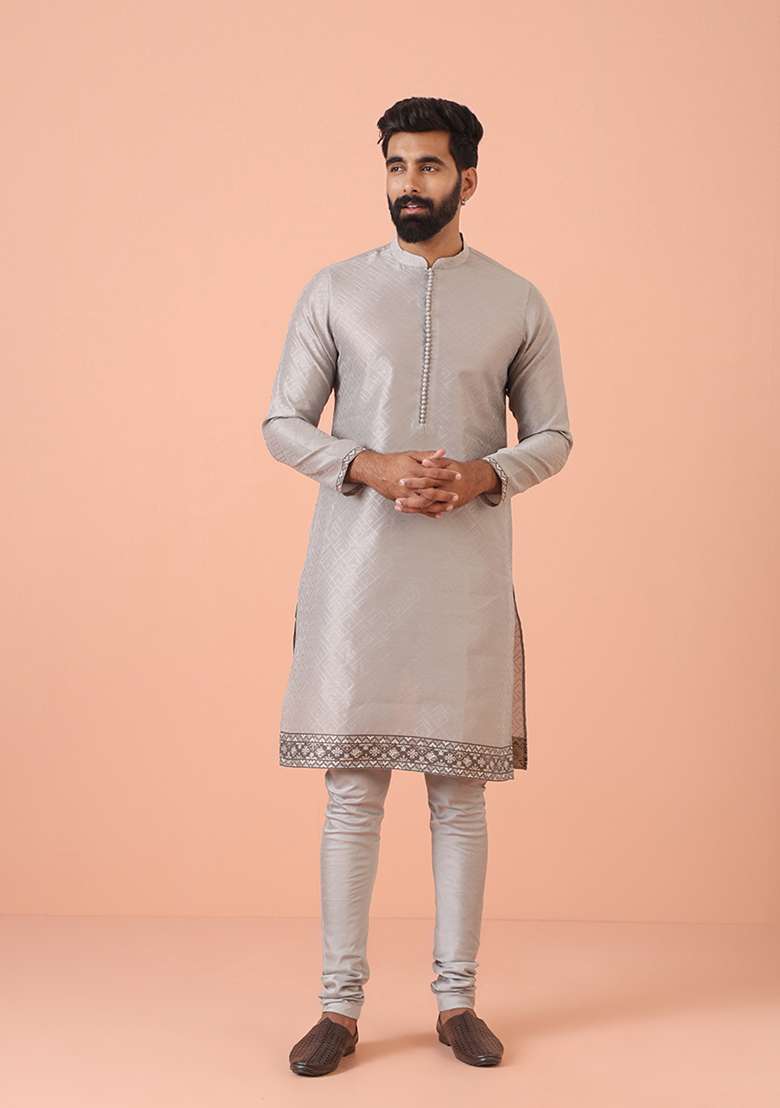 Grey Self Design Silk Blend Kurta Set - Indya
