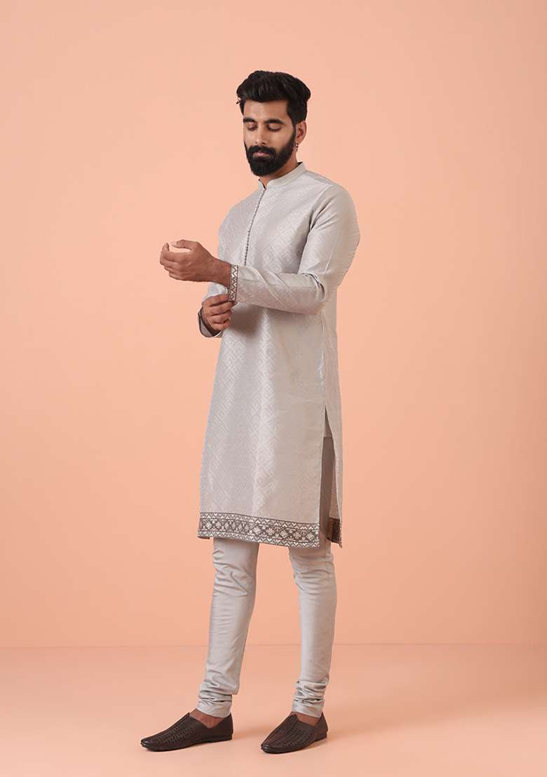 Grey Self Design Silk Blend Kurta Set - Indya