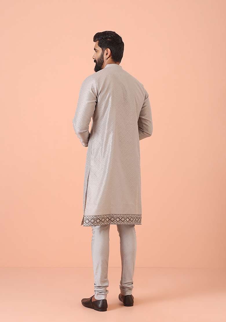 Grey Self Design Silk Blend Kurta Set - Indya