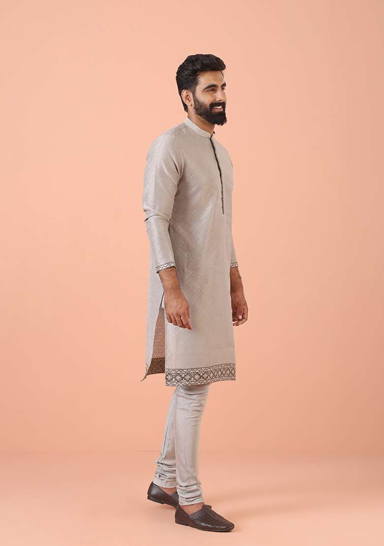 Grey Self Design Silk Blend Kurta Set - Indya