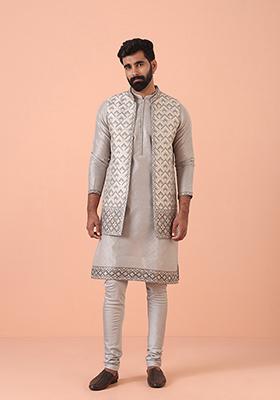 Grey Self Design Silk Blend Kurta Jacket Set
