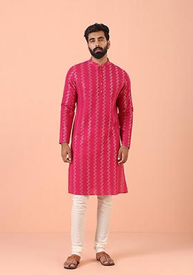 Pink Self Design Cotton Kurta Set