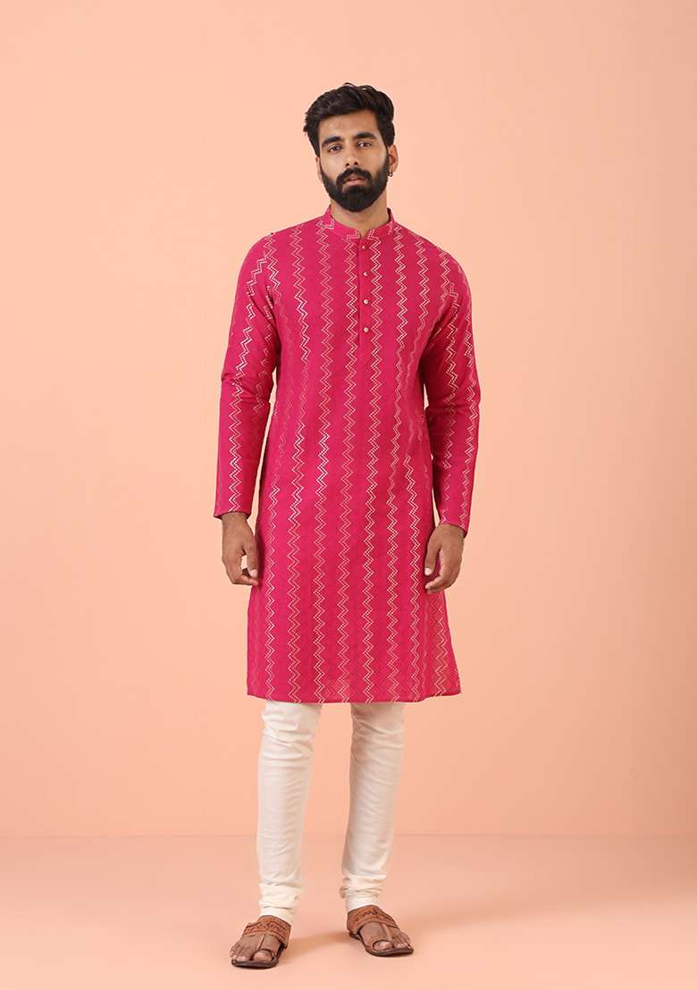 Pink Self Design Cotton Kurta Set - Indya