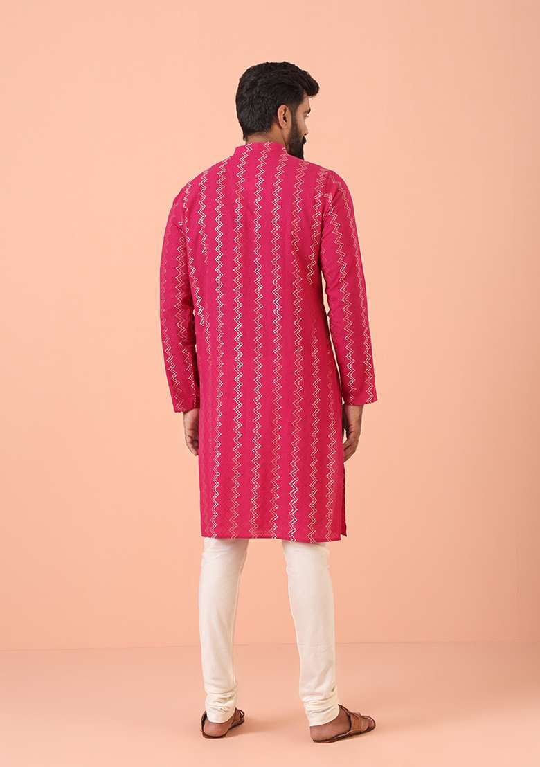 Pink Self Design Cotton Kurta Set - Indya