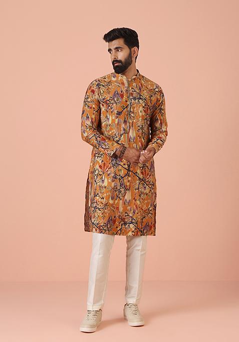 Yellow Printed Blend Kurta Set