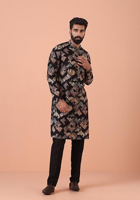 Black Printed Blend Kurta Set