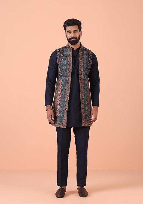 Navy Blue Jacquard Pashmina Kurta Jacket Set