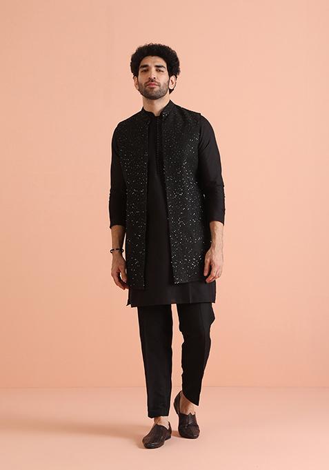 Black Embellished Blend Kurta Jacket Set