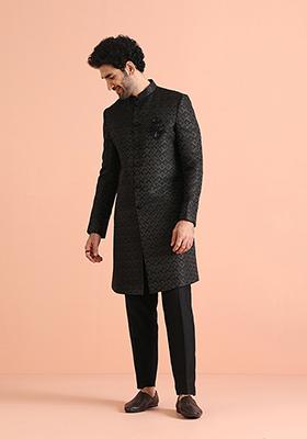 Black Self Design Silk Blend Sherwani Set
