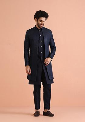 Navy Blue Self Design Silk Blend Jacket Sherwani Set