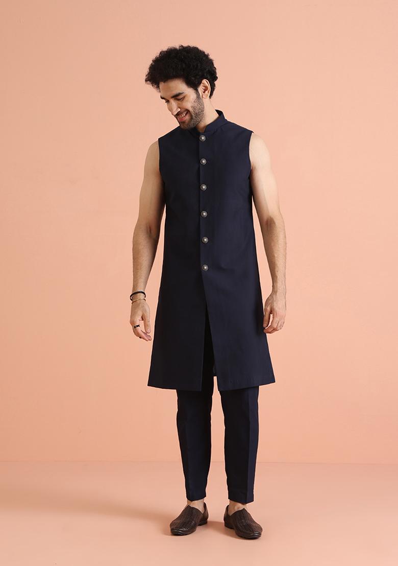 Navy Blue Self Design Silk Blend Jacket Sherwani Set - Indya