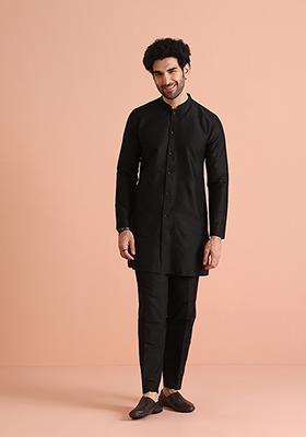 Black Solid Cotton Blend Kurta Set